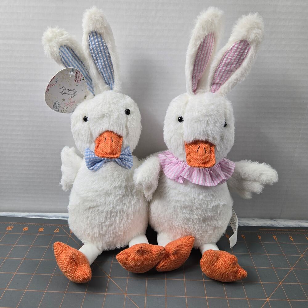 Easter Spring Attached Ducks Shelf Sitter Bunny Ears Pink Blue Stripe Accessory